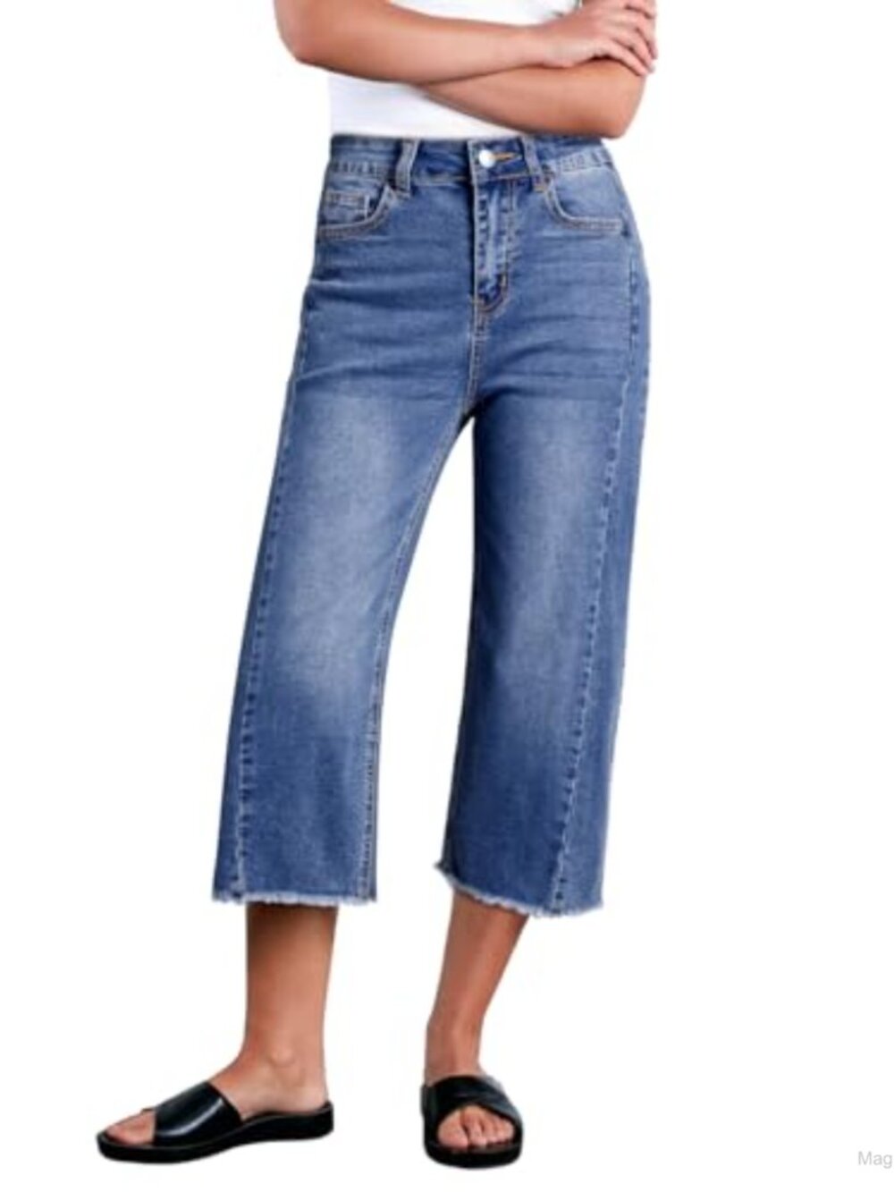 High Waisted Wide Leg Capri Jeans Raw Hem Stretchy Denim Pants